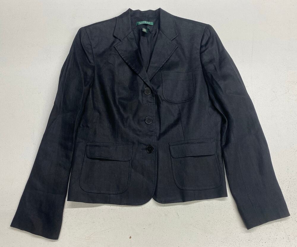 VTG Women Lauren Ralph Lauren 3-button 100% linen solid black blazer jacket 10